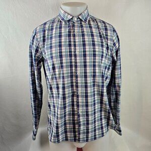 Mizzen Main Shirt Mens Medium Blue Button Up Trim Fit Plaid Performance Leeward